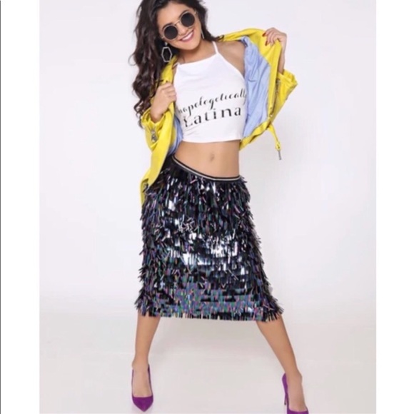 New Black Tassel Sequins Midi Skirt - Picture 2 of 6